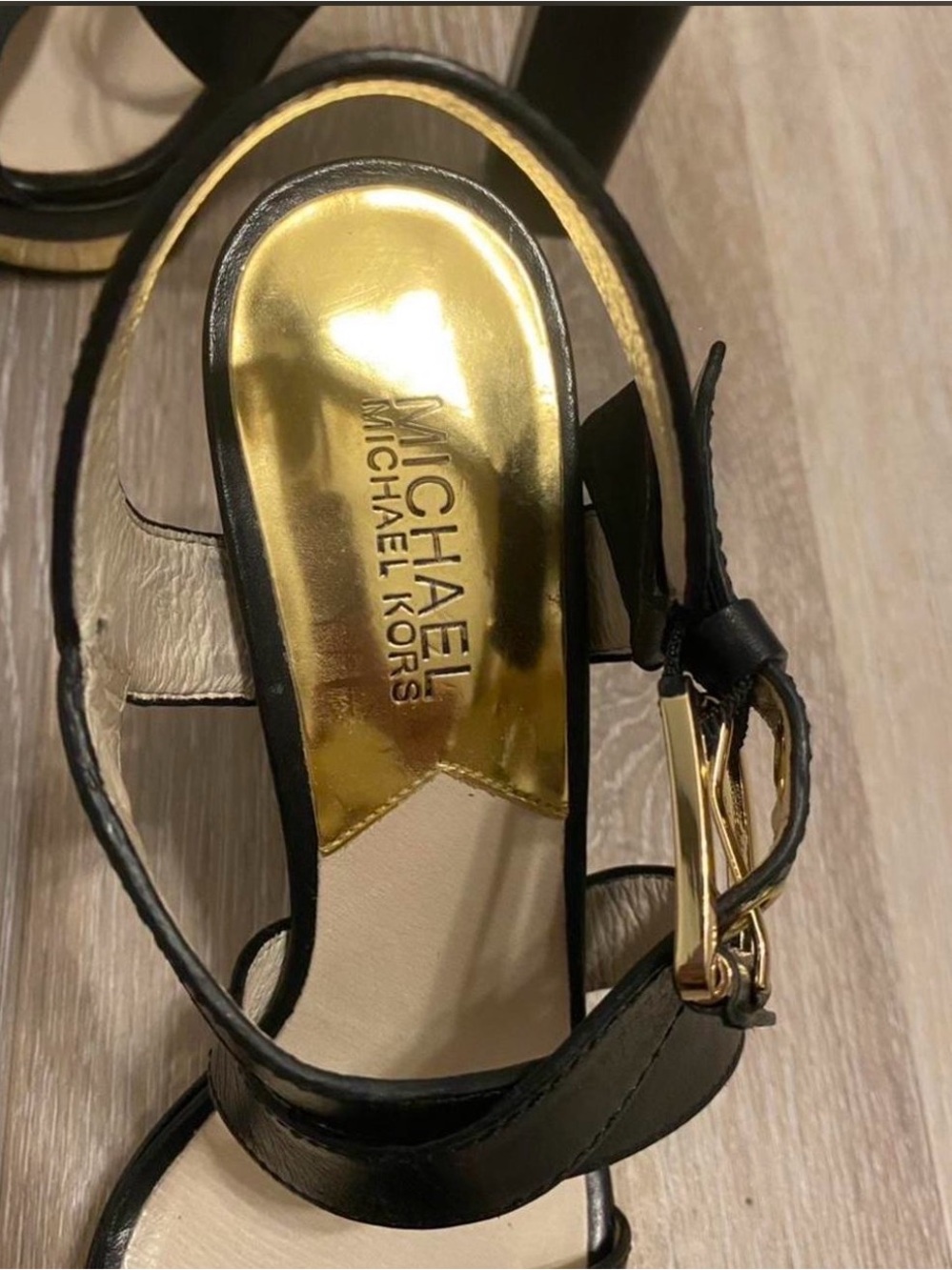 Michael Kors Black Leather Strappy Sandals with Gold Insole - Picture 5 of 8